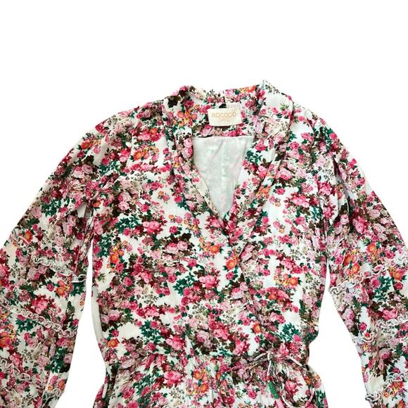 Rococo Sand Women’s Vie Crepe Pink Floral Green Long Sleeve Ruffle Mini Dress XS - Picture 3 of 13